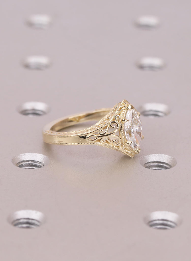 Vintage Marquise Cut Solitaire Ring, Marquise Moissanite Engagement Ring, 14k Solid Gold Filigree Promise Ring, Antique Style Engraved Band image #3