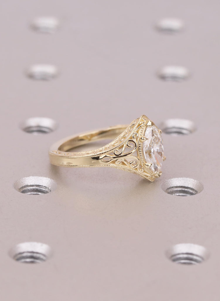 Engraved Marquise Cut Moissanite Engagement Ring, 14k Yellow Gold, Antique Vintage Style Filigree Promise Ring image #3