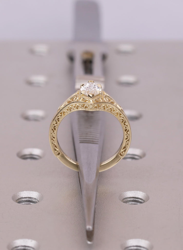 Vintage Marquise Cut Solitaire Ring, Marquise Moissanite Engagement Ring, 14k Solid Gold Filigree Promise Ring, Antique Style Engraved Band image #11