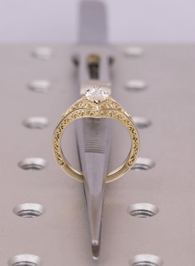 Engraved Marquise Cut Moissanite Engagement Ring, 14k Yellow Gold, Antique Vintage Style Filigree Promise Ring image #11