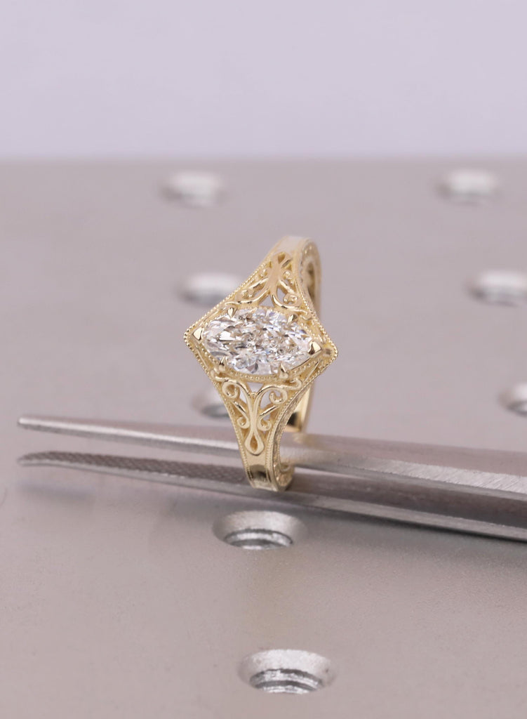 Vintage Marquise Cut Solitaire Ring, Marquise Moissanite Engagement Ring, 14k Solid Gold Filigree Promise Ring, Antique Style Engraved Band image #9