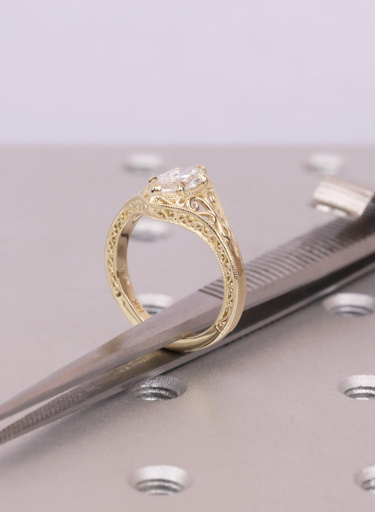 Engraved Marquise Cut Moissanite Engagement Ring, 14k Yellow Gold, Antique Vintage Style Filigree Promise Ring image #14
