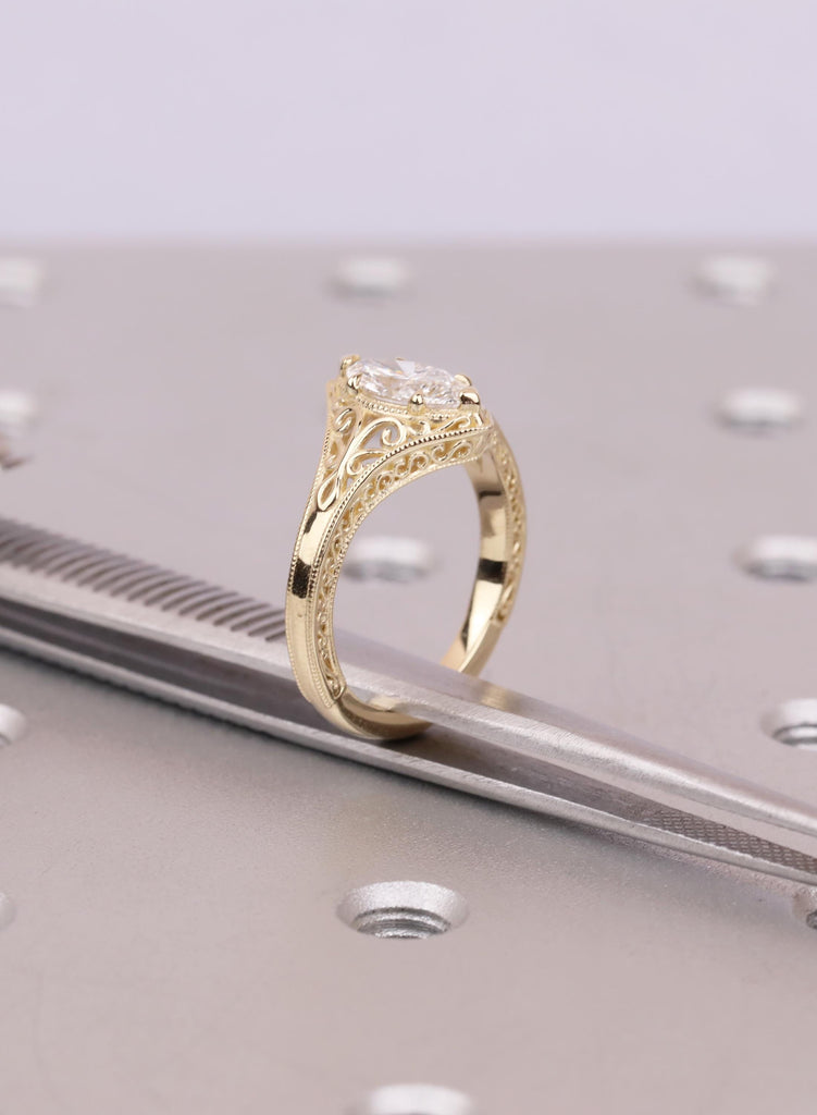 Vintage Marquise Cut Solitaire Ring, Marquise Moissanite Engagement Ring, 14k Solid Gold Filigree Promise Ring, Antique Style Engraved Band image #12