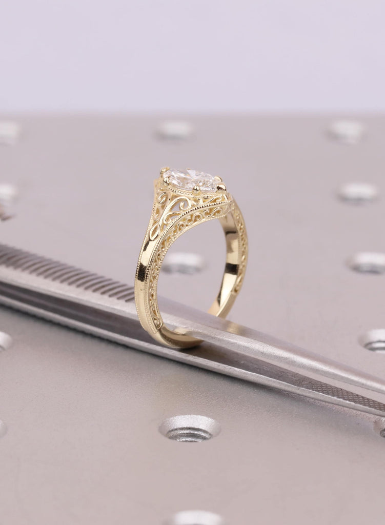 Engraved Marquise Cut Moissanite Engagement Ring, 14k Yellow Gold, Antique Vintage Style Filigree Promise Ring image #12