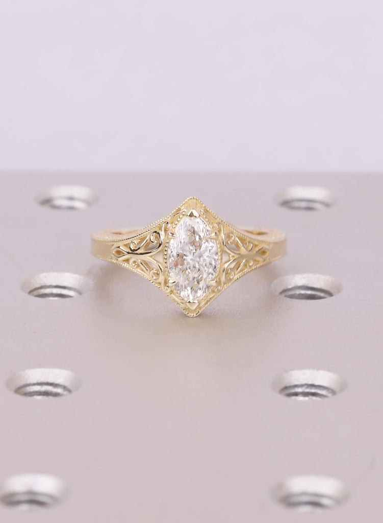 Vintage Style 14k Solid Gold Marquise Lab Diamond Engagement Ring, Filigree Promise Ring, Marquise Cut Solitaire Ring, Antique Engraved Band image #3
