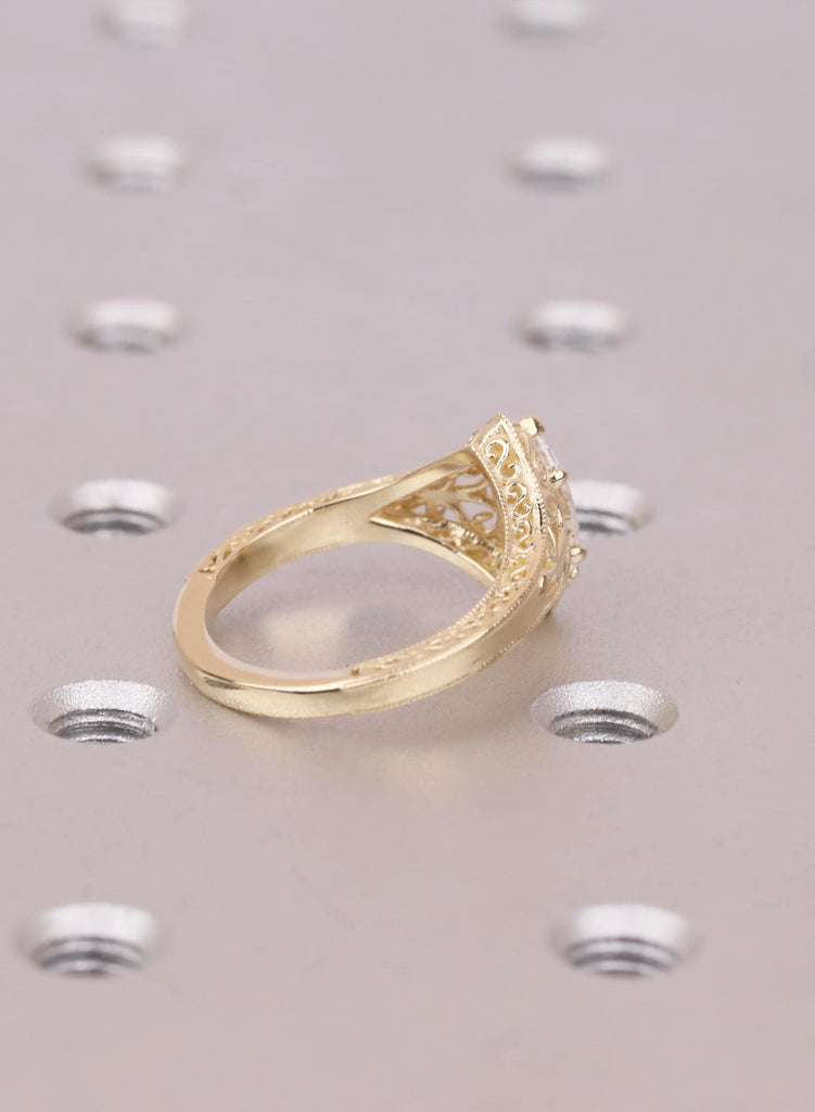 Vintage Style 14k Solid Gold Marquise Lab Diamond Engagement Ring, Filigree Promise Ring, Marquise Cut Solitaire Ring, Antique Engraved Band image #5