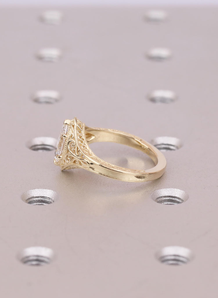 Vintage Style 14k Solid Gold Marquise Lab Diamond Engagement Ring, Filigree Promise Ring, Marquise Cut Solitaire Ring, Antique Engraved Band image #7