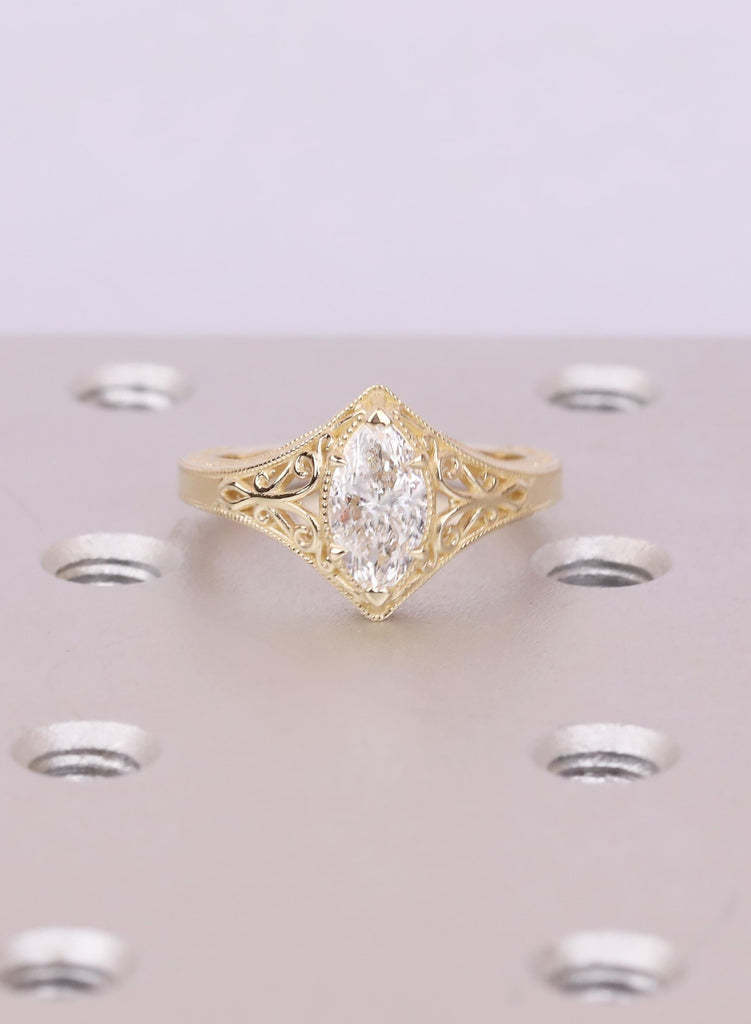 Vintage Marquise Cut Solitaire Ring, Marquise Moissanite Engagement Ring, 14k Solid Gold Filigree Promise Ring, Antique Style Engraved Band