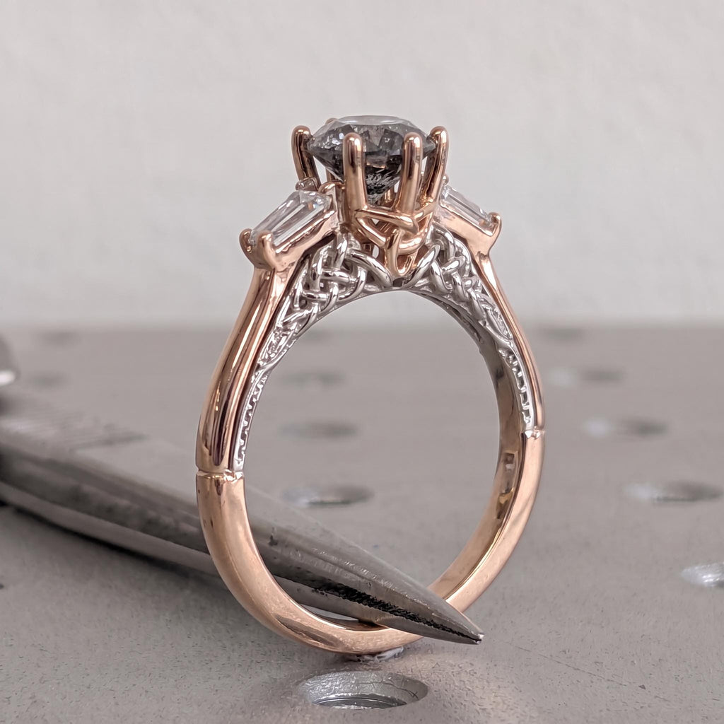 Natural Grey Diamond Three Stone Ring | Salt and Pepper Diamond Vintage Gold Rings for Women | Unique Wedding Jewelry image #3