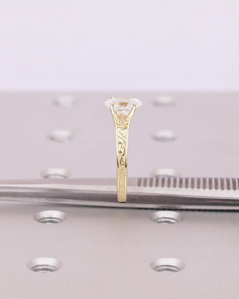 Solitaire Oval Engagement Ring, Vintage Lab Created Diamond Women's Wedding Ring, 14k Solid Gold Scrollwork Band, Unique Anniversary Rings image #11