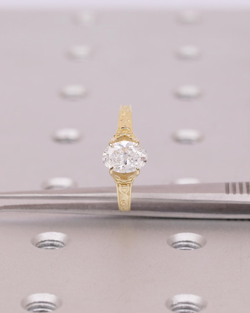 Solitaire Oval Engagement Ring, Vintage Lab Created Diamond Women's Wedding Ring, 14k Solid Gold Scrollwork Band, Unique Anniversary Rings image #5