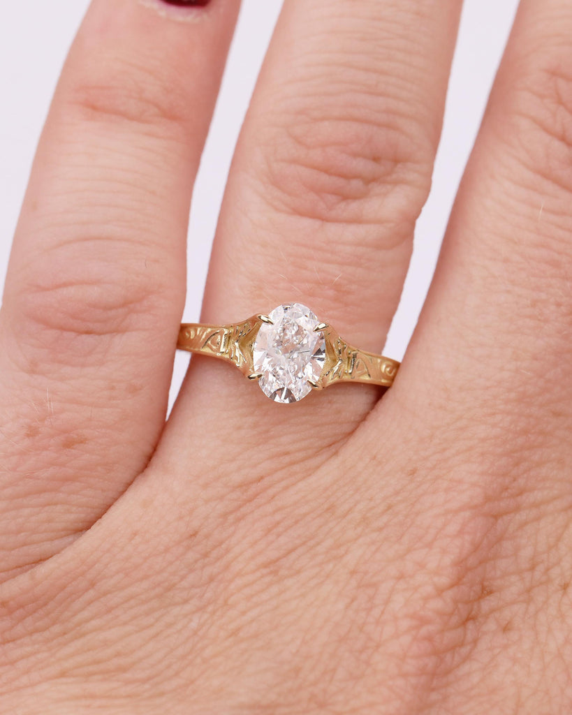 Solitaire Oval Engagement Ring, Vintage Lab Created Diamond Women's Wedding Ring, 14k Solid Gold Scrollwork Band, Unique Anniversary Rings image #10