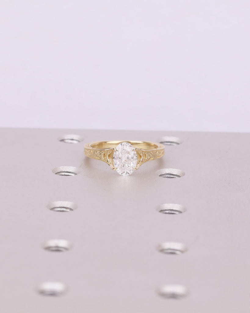Solitaire Oval Engagement Ring, Vintage Lab Created Diamond Women's Wedding Ring, 14k Solid Gold Scrollwork Band, Unique Anniversary Rings image #20