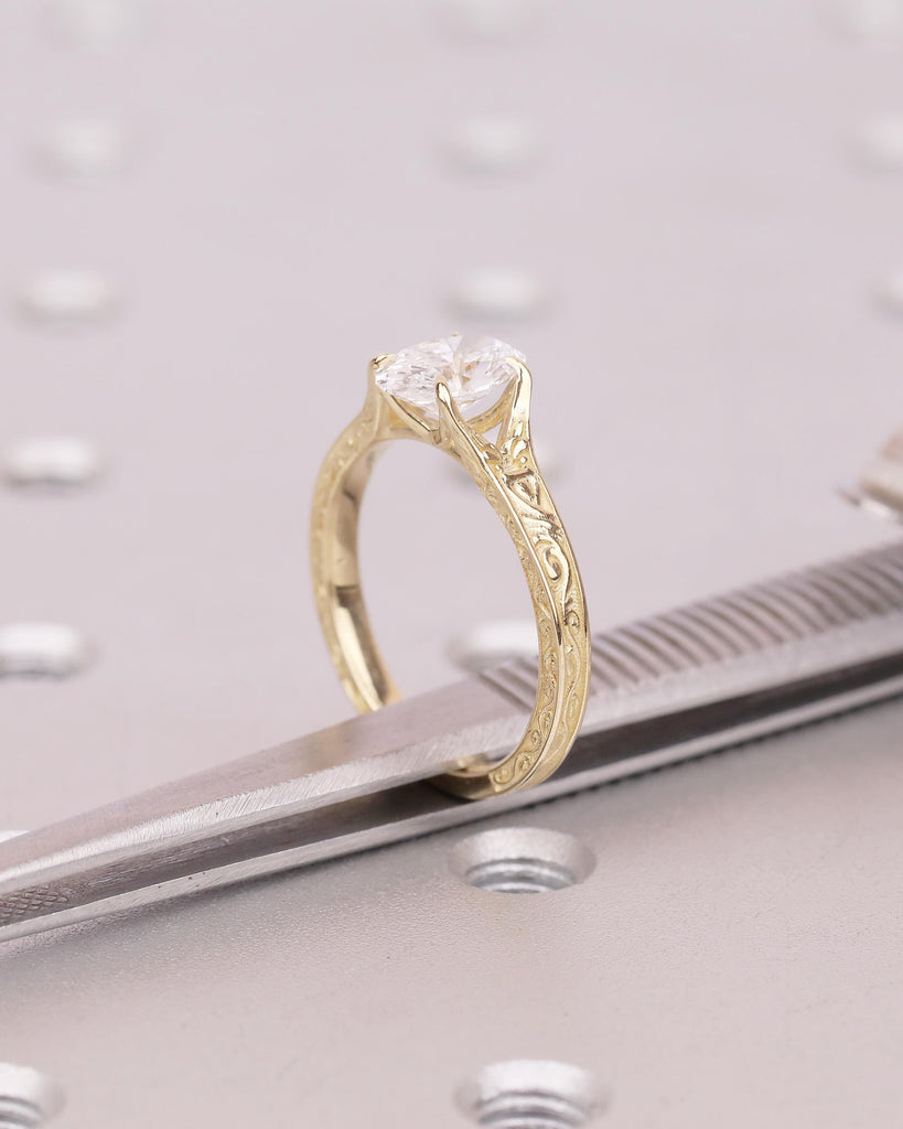 Solitaire Oval Engagement Ring, Vintage Lab Created Diamond Women's Wedding Ring, 14k Solid Gold Scrollwork Band, Unique Anniversary Rings image #16