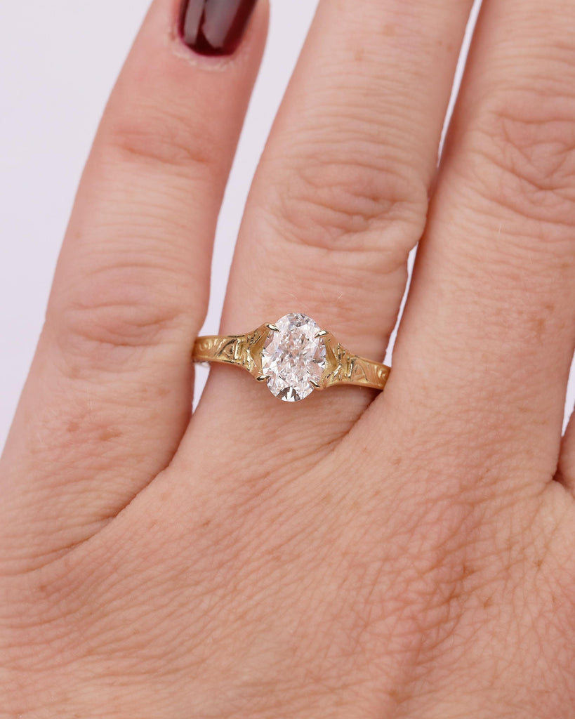 Solitaire Oval Engagement Ring, Vintage Lab Created Diamond Women's Wedding Ring, 14k Solid Gold Scrollwork Band, Unique Anniversary Rings image #3