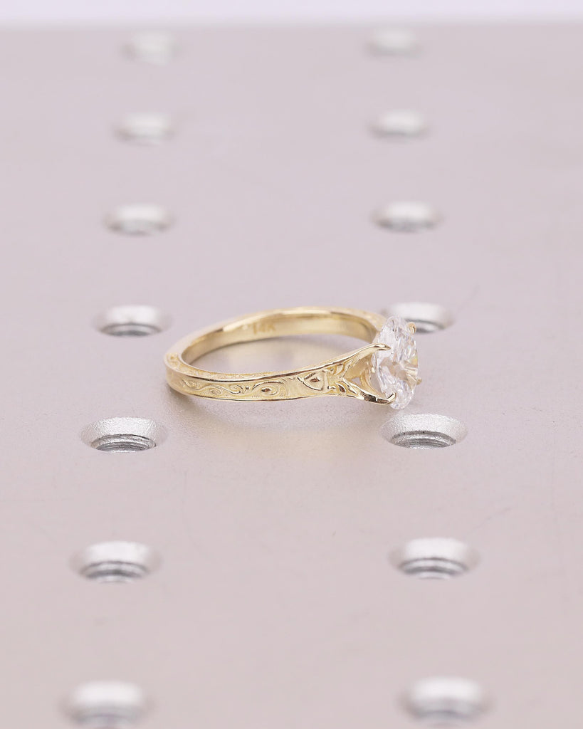 Solitaire Oval Engagement Ring, Vintage Lab Created Diamond Women's Wedding Ring, 14k Solid Gold Scrollwork Band, Unique Anniversary Rings image #9