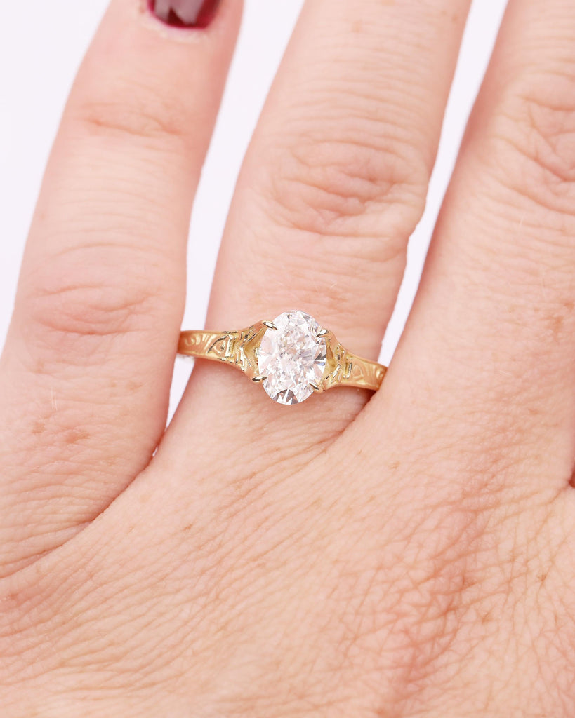 Oval Moissanite Ring, Solitaire Engagement Ring, Art Deco Gold Wedding Rings for Women, Hand Engraved Band, Vintage Style Antique Jewelry image #19