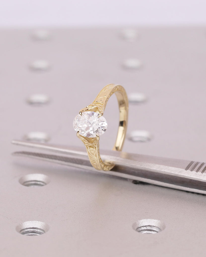 Solitaire Oval Engagement Ring, Vintage Lab Created Diamond Women's Wedding Ring, 14k Solid Gold Scrollwork Band, Unique Anniversary Rings image #2