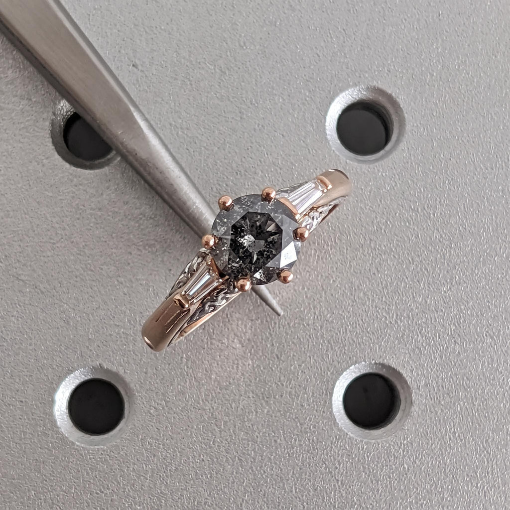 14k Rose Gold Salt and Pepper Diamond Engagement Ring | Vintage Three Stone Ring | Art Deco Anniversary Gift for Her