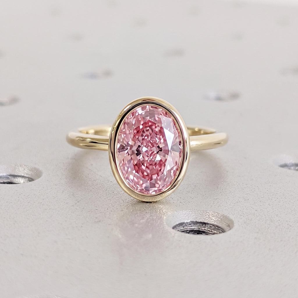 Pink Diamond Engagement Rings for Women | Bezel set Oval Lab Made Diamond Rings | Solid Gold or Platinum Bridal Jewelry image #3