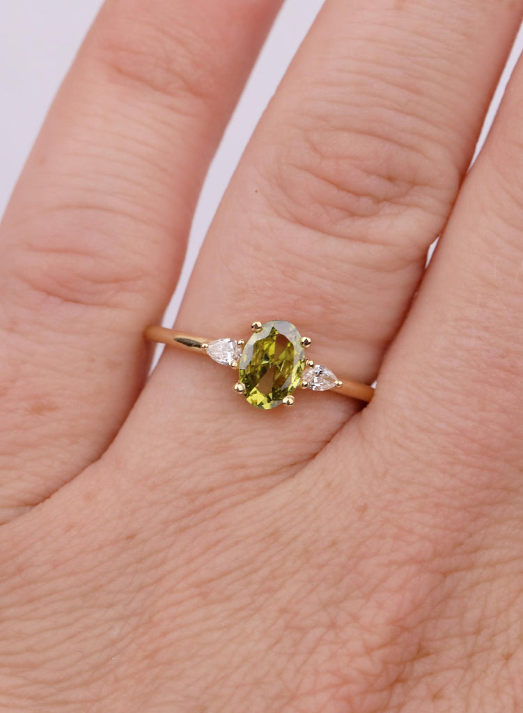 Vintage Green Sapphire Oval Engagement Ring, 18K Yellow Gold Pear Moissanite Diamond Accent