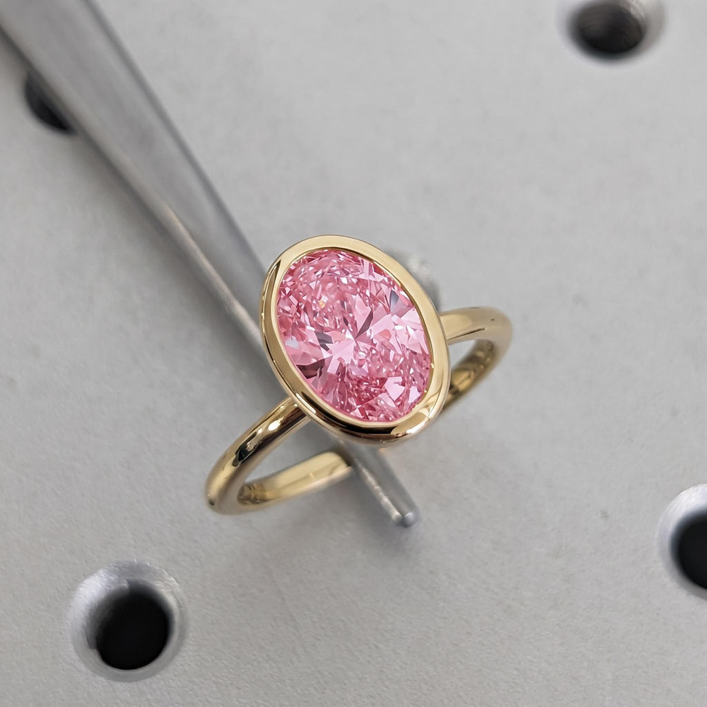 Pink Diamond Engagement Rings for Women | Bezel set Oval Lab Made Diamond Rings | Solid Gold or Platinum Bridal Jewelry
