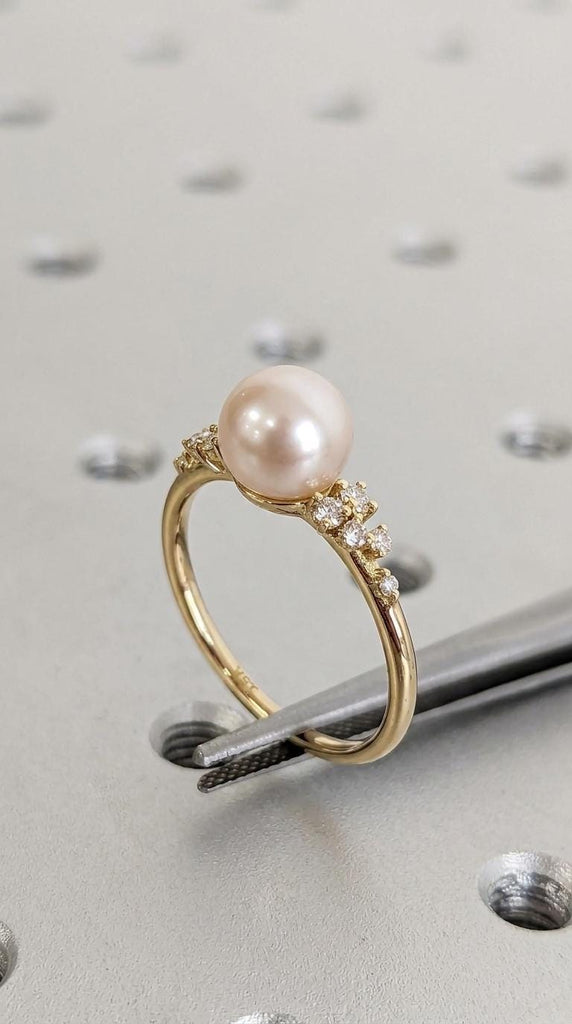 Akoya Pearl Engagement Rings for Women | 14k Yellow Gold Ring Wedding Anniversary Gift | Unique Snowdrift Diamond Cluster Ring image #4
