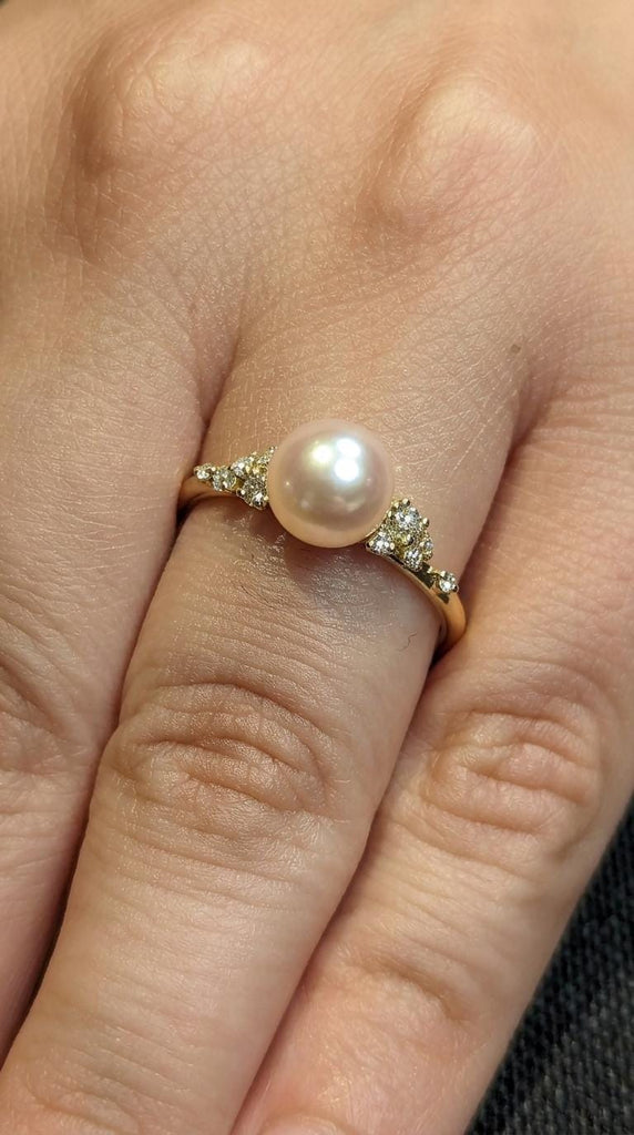Akoya Pearl Engagement Rings for Women | 14k Yellow Gold Ring Wedding Anniversary Gift | Unique Snowdrift Diamond Cluster Ring image #2