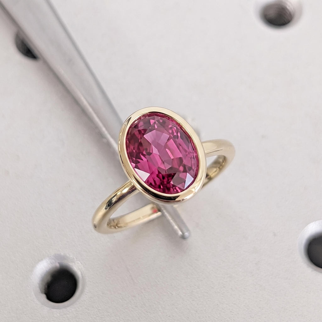 Pink Sapphire Solitaire Engagement Ring | 14k Yellow Gold Oval cut Lab Sapphire Ring | Minimalist Wedding Anniversary Ring For Women image #3