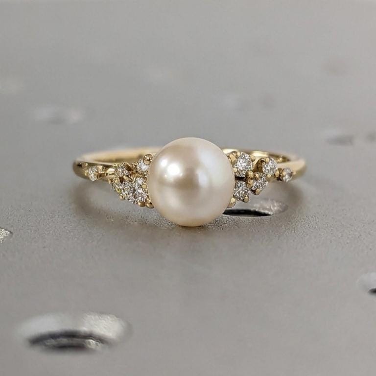 Pearl Wedding Ring Vintage Jewelry | 14k/18k Yellow Gold Moissanite Cluster Proposal Ring | Bridal Gift for Her image #2