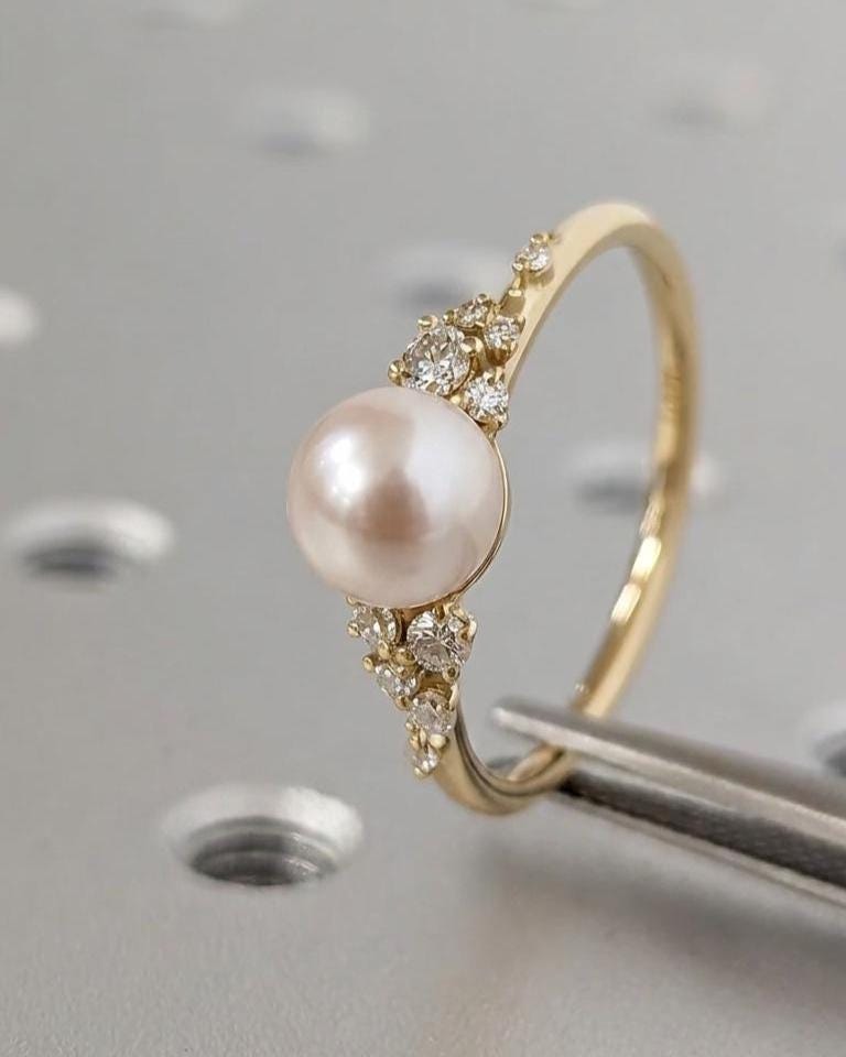 Pearl Wedding Ring Vintage Jewelry | 14k/18k Yellow Gold Moissanite Cluster Proposal Ring | Bridal Gift for Her image #4