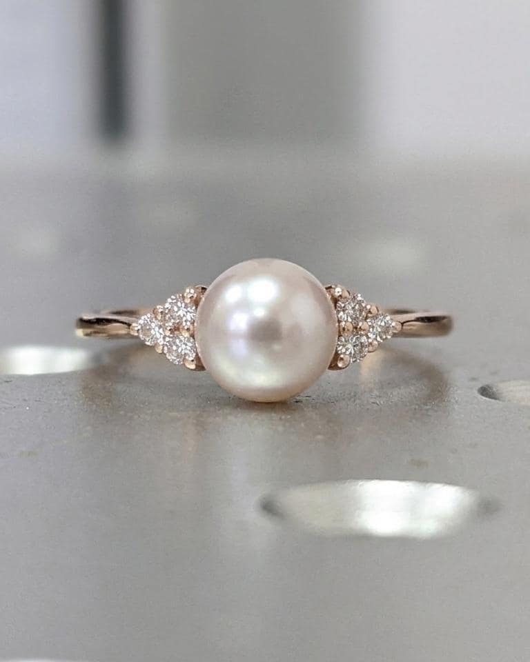 Akoya Pearl Vintage Engagement Rings | 14k Yellow Gold Rings for Women | Unique Diamond Cluster Ring Wedding Anniversary Gift