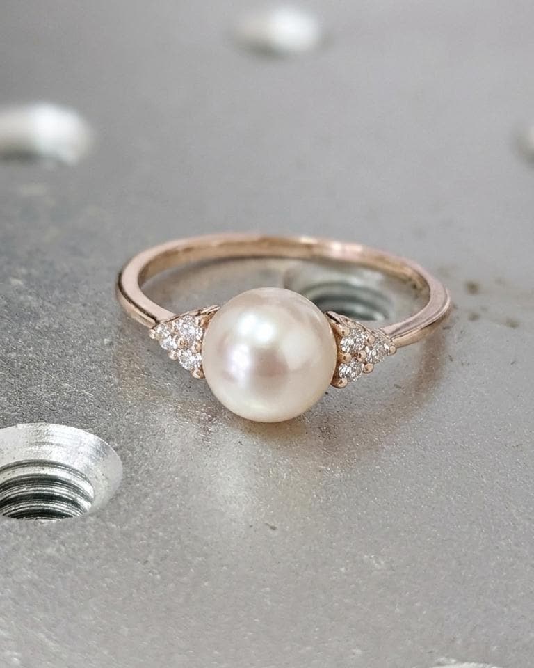 14k Rose Gold Akoya Pearl Engagement Rings for Women | Unique Diamond Cluster Proposal Ring | Wedding Anniversary Gift image #5