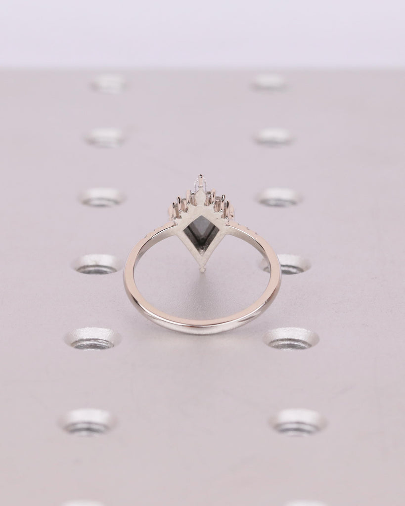 Kite Cut Salt and Pepper Diamond Ring, Unique Engagement Ring, Platinum Bridal Jewelry, Vintage Wedding Anniversary Cluster Rings for Women image #6