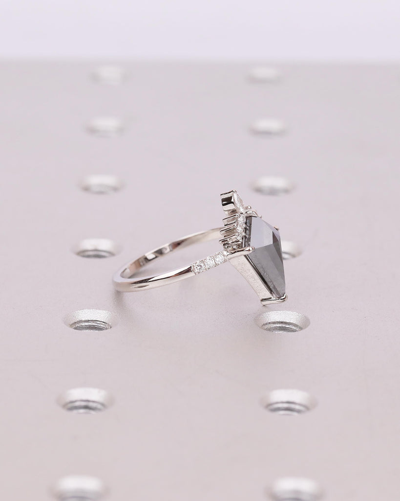 Kite Cut Salt and Pepper Diamond Ring, Unique Engagement Ring, Platinum Bridal Jewelry, Vintage Wedding Anniversary Cluster Rings for Women image #10
