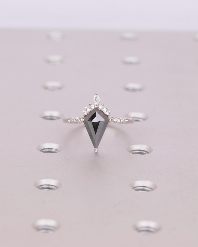 Kite Cut Salt and Pepper Diamond Ring, Unique Engagement Ring, Platinum Bridal Jewelry, Vintage Wedding Anniversary Cluster Rings for Women image #5