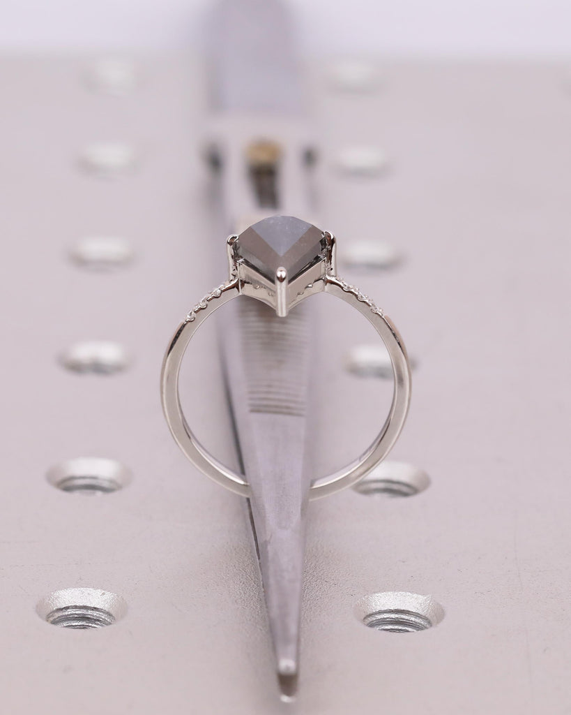 Kite Cut Salt and Pepper Diamond Ring, Unique Engagement Ring, Platinum Bridal Jewelry, Vintage Wedding Anniversary Cluster Rings for Women image #7