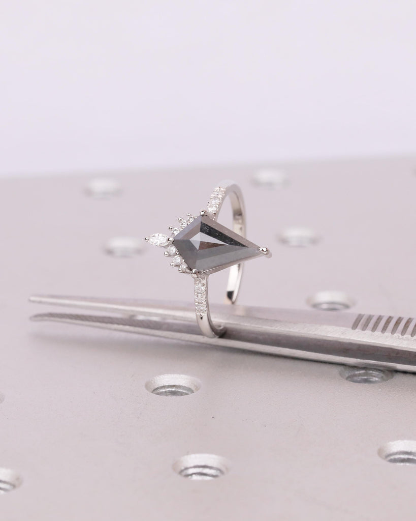 Kite Cut Salt and Pepper Diamond Ring, Unique Engagement Ring, Platinum Bridal Jewelry, Vintage Wedding Anniversary Cluster Rings for Women image #4