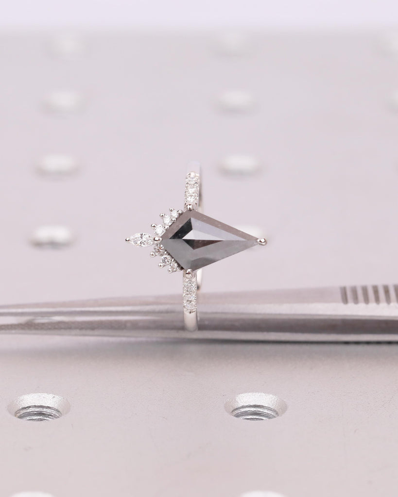 Kite Cut Salt and Pepper Diamond Ring, Unique Engagement Ring, Platinum Bridal Jewelry, Vintage Wedding Anniversary Cluster Rings for Women image #12