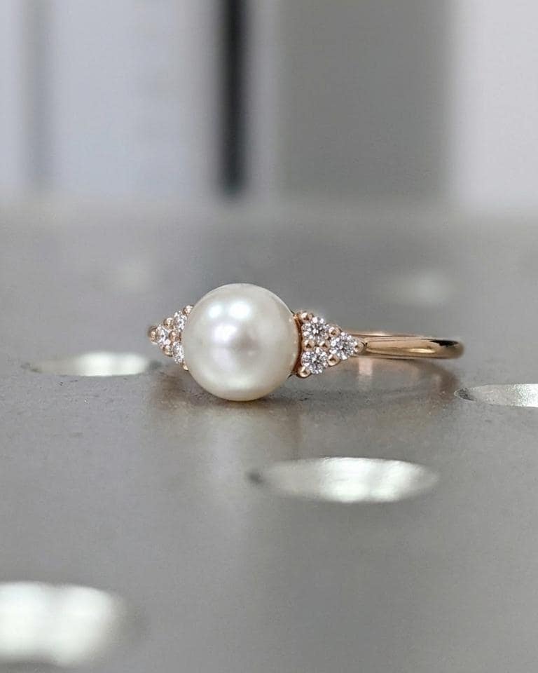 14k Rose Gold Akoya Pearl Engagement Rings for Women | Unique Diamond Cluster Proposal Ring | Wedding Anniversary Gift image #3