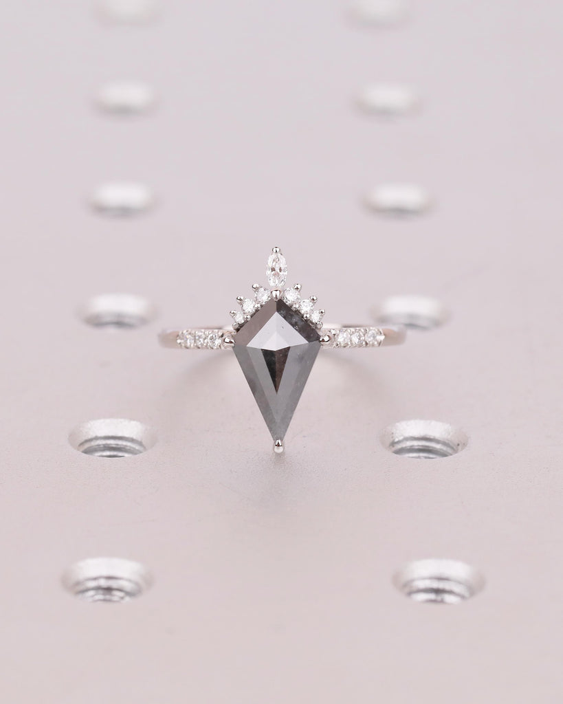 Kite Cut Salt and Pepper Diamond Ring, Unique Engagement Ring, Platinum Bridal Jewelry, Vintage Wedding Anniversary Cluster Rings for Women image #9