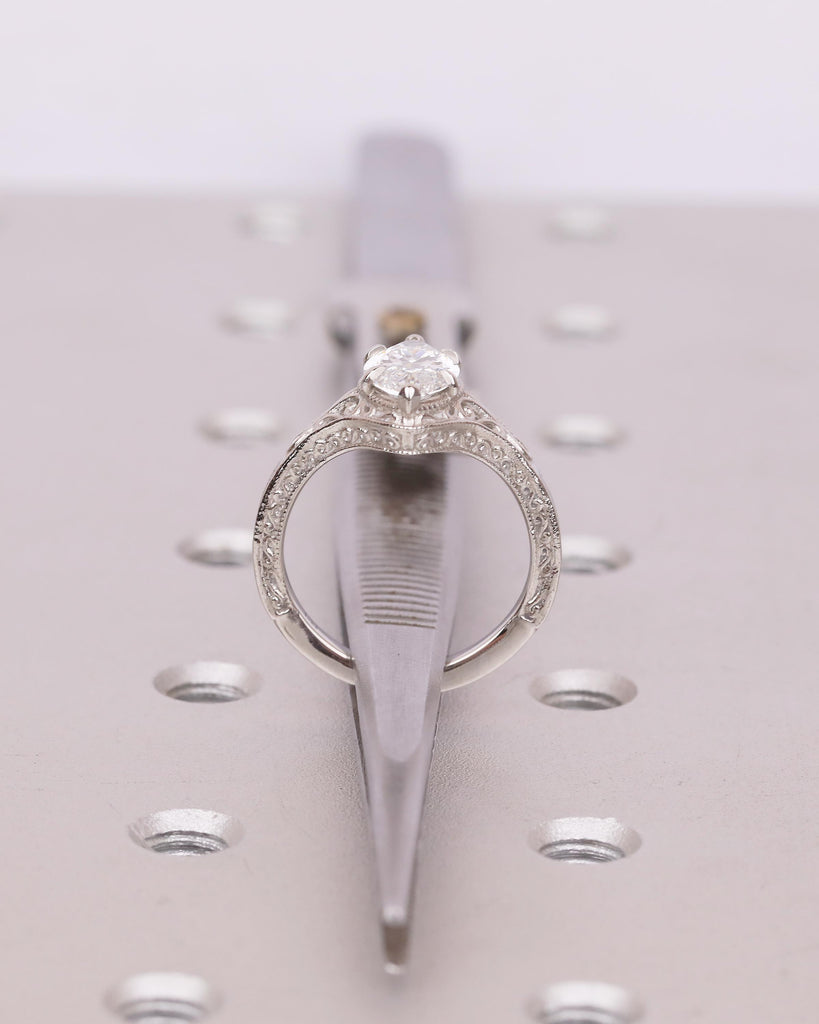 Vintage Lab Created Diamond Marquise Ring, IGI Certified Engagement Rings, Unique Handmade Jewelry, Scrollwork Platinum Promise Ring for Her image #7