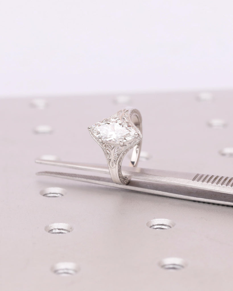 Antique Moissanite Ring, Marquise Engagement Ring, Milgrain Platinum Filigree Band image #10