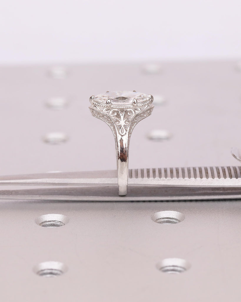 Antique Moissanite Ring, Marquise Engagement Ring, Milgrain Platinum Filigree Band image #12