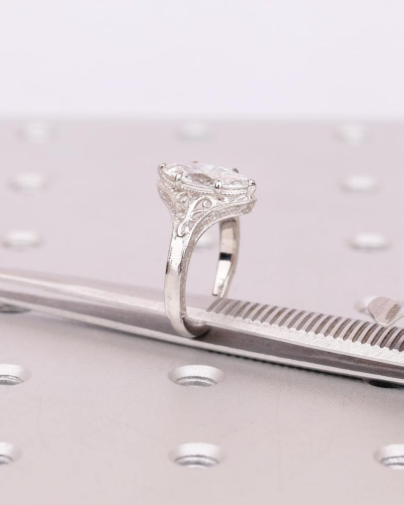 Antique Moissanite Ring, Marquise Engagement Ring, Milgrain Platinum Filigree Band image #17