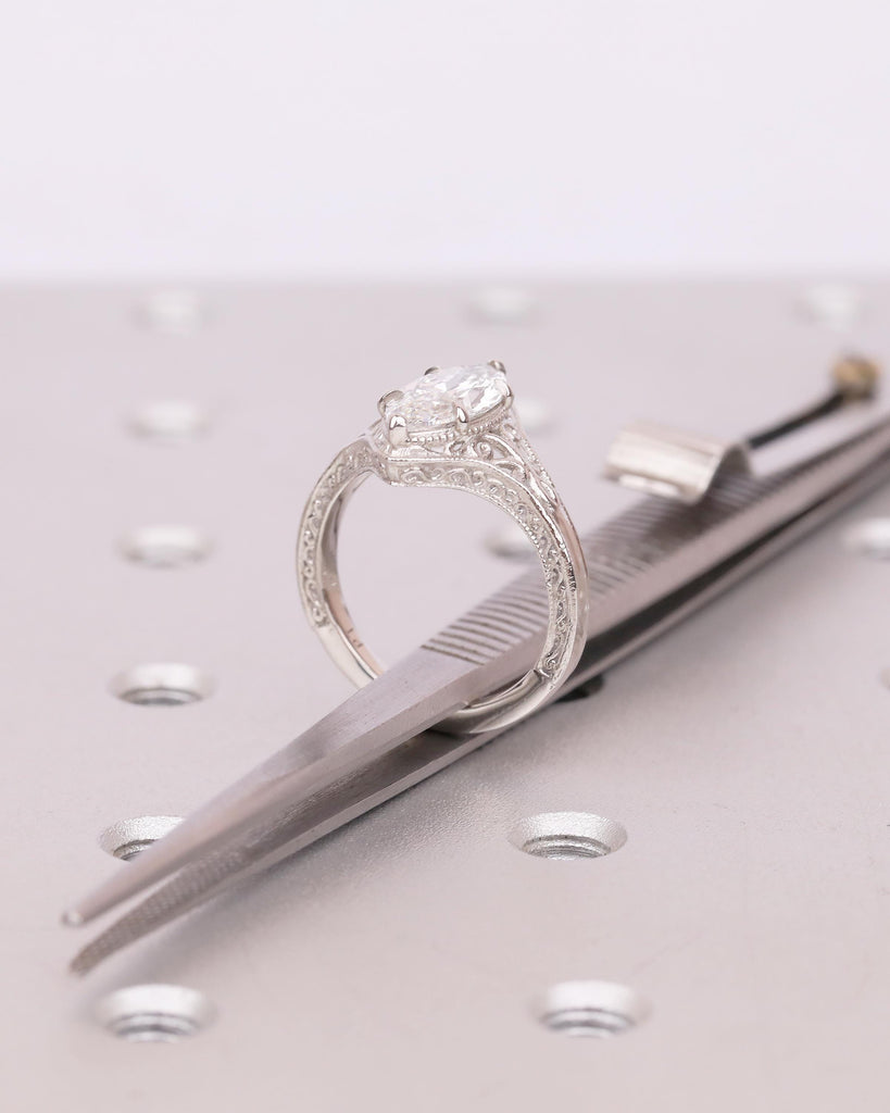 Antique Moissanite Ring, Marquise Engagement Ring, Milgrain Platinum Filigree Band image #5