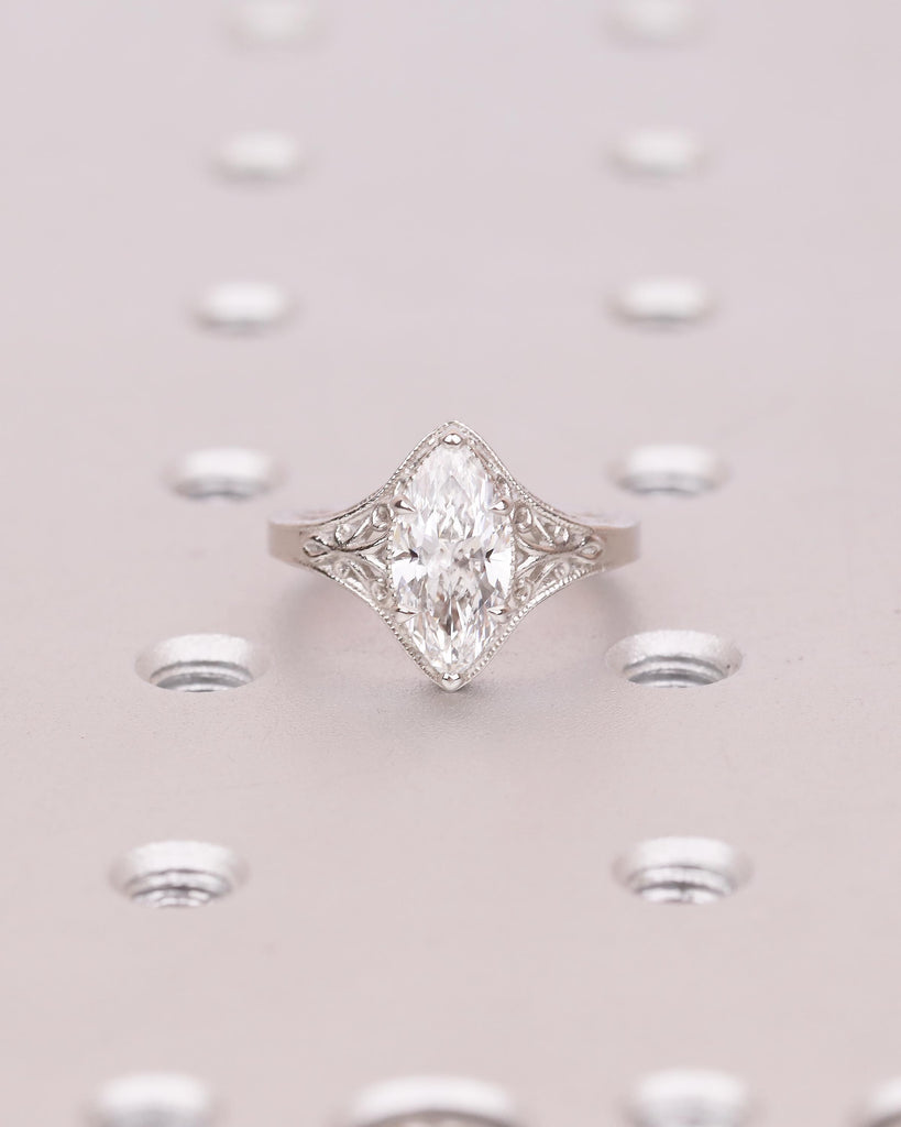 Antique Moissanite Ring, Marquise Engagement Ring, Milgrain Platinum Filigree Band image #18