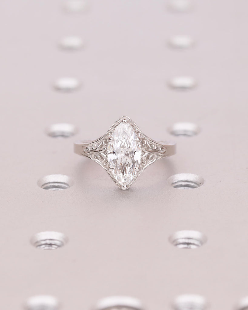 Marquise Moissanite Engagement Ring, Vintage Style Platinum Edwardian Rings for Women, Unique Art Deco Solitaire Ring, Antique Engraved Band image #18