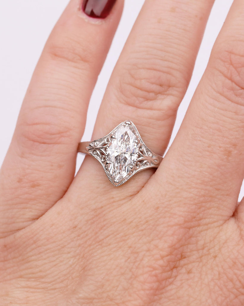 Antique Moissanite Ring, Marquise Engagement Ring, Milgrain Platinum Filigree Band image #4