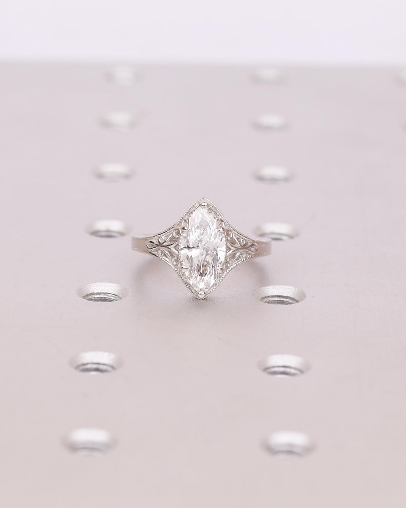 Antique Moissanite Ring, Marquise Engagement Ring, Milgrain Platinum Filigree Band image #8